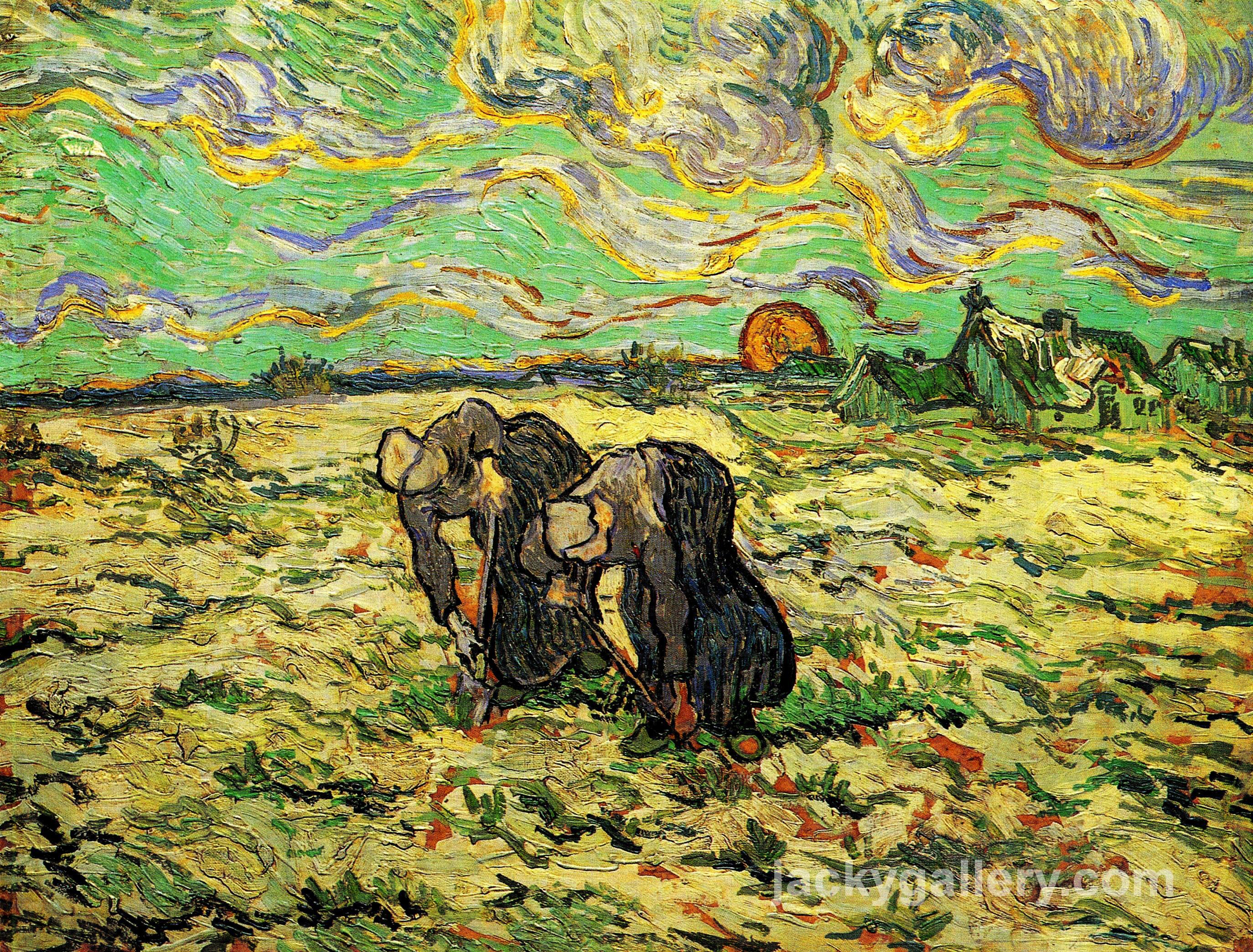 Two Peasant Women Digging in Field with Snow, Van Gogh painting